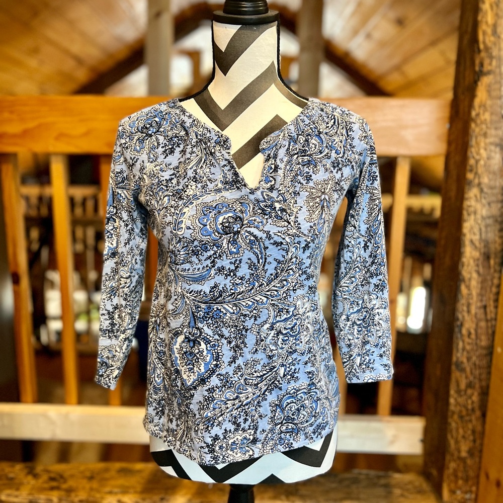 Talbots Blue Paisley Floral Split Neck 3/4 sleeve top